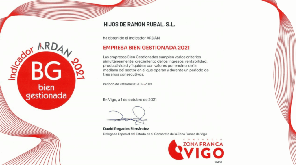 Diploma Ardán 2021 a empresa bien gestionada Galicia otorgado a Hijos de Ramón Rubal SL