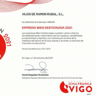 Diploma Ardán 2021 a empresa bien gestionada Galicia otorgado a Hijos de Ramón Rubal SL
